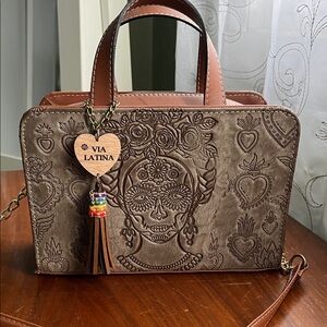 Brown Embossed Dia de los Muertos Handbag